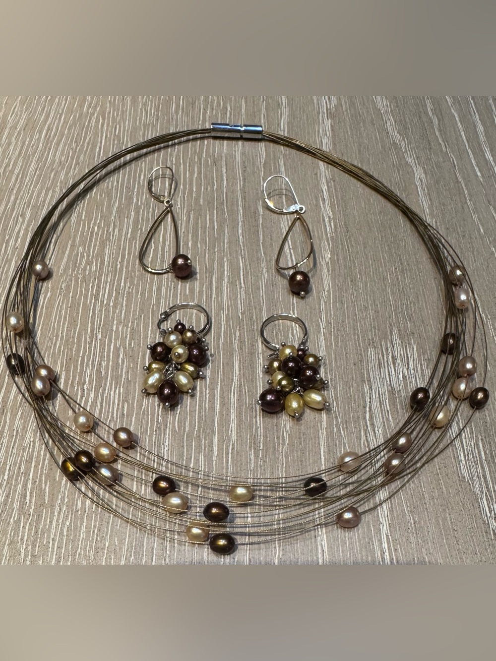 HONORA Brown and Cream Freshwater Pearl Cluster Necklace & Earring Set
